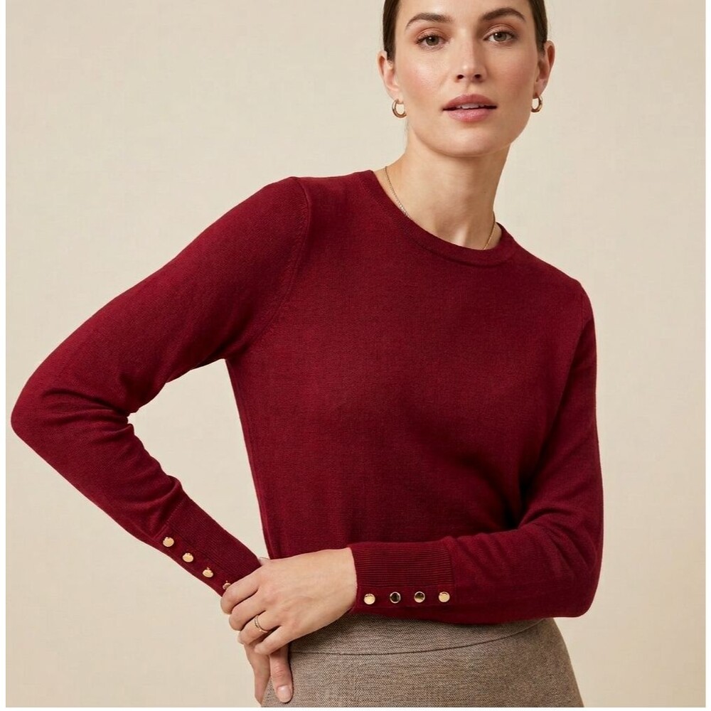 NWT Ann Taylor Factory Crew Neck Burgundy Sweater With Gold Button Business Work